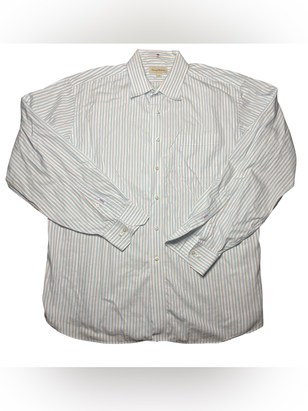 Tommy Bahama Men's 17.5 Cotton White w/ Blue & Gray Stripes Button Down